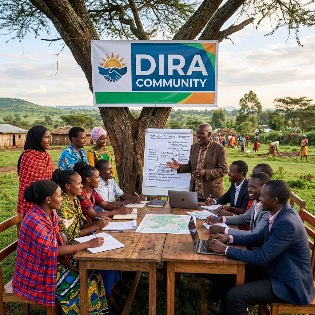 Kenyan community civic leadership gathering under an acacia tree